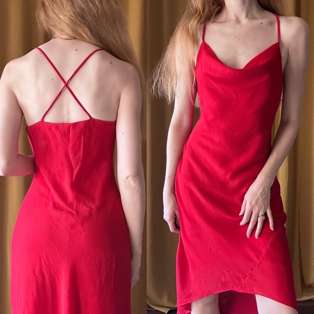 Vintage 1990s Red Cowl Neck Slinky Slip Dress, Small